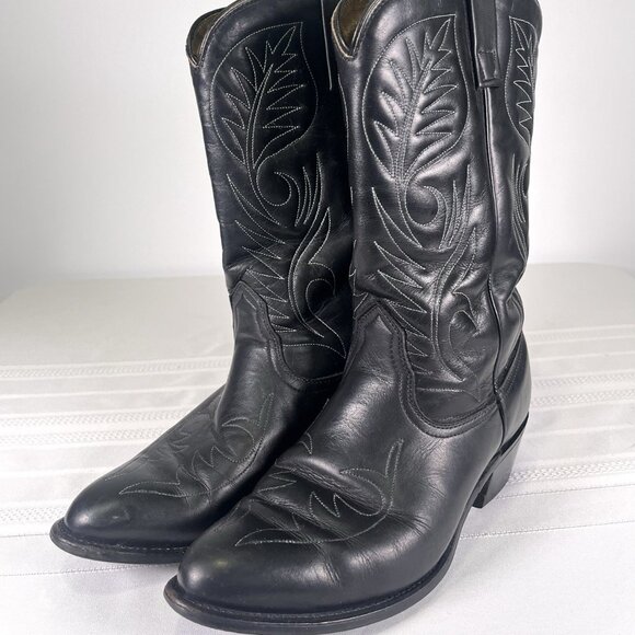Vintage Black Leather Roper Cowboy Boots Men’s Size 8.5 3E Western Point Toe USA - Picture 2 of 13